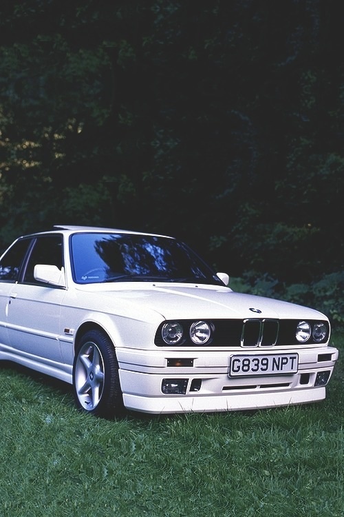 a white car parked on top of a lush green field next to trees and bushes