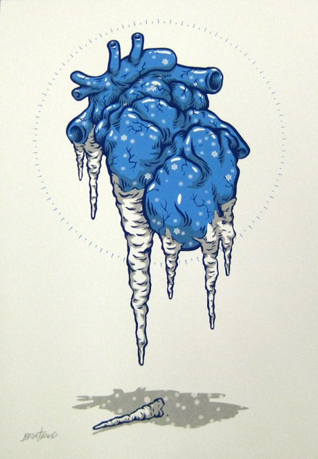 an image of a blue heart with icicles hanging from it's sides on a white card