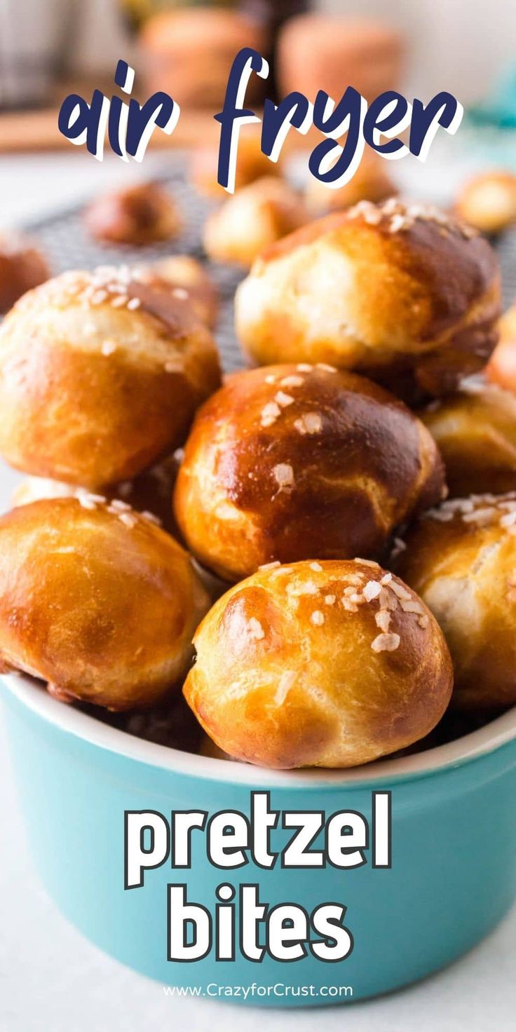 a blue bowl filled with pretzel bites