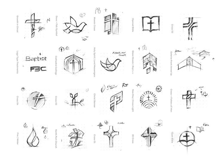 various symbols and designs drawn in pencil on white paper, including the cross, doves, leaves, arrows, etc