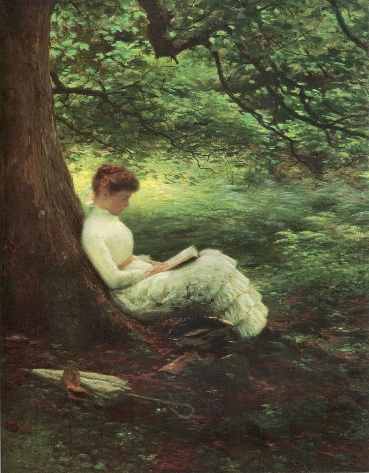 a painting of a woman sitting on the ground next to a tree in a forest