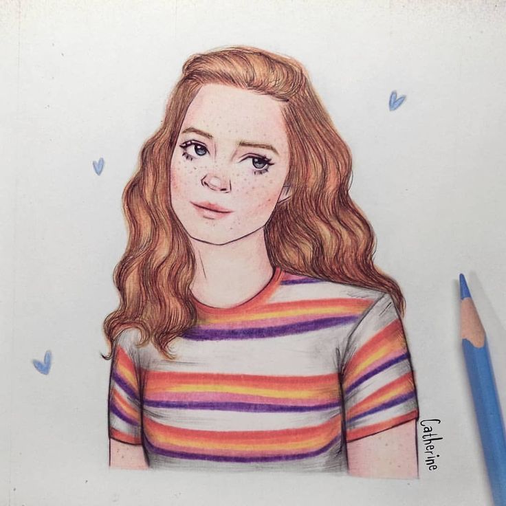 a drawing of a girl with long red hair and blue pencils next to her