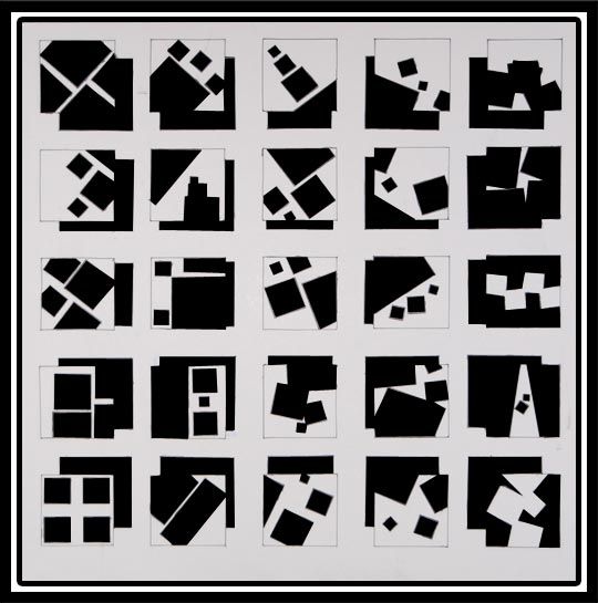 black and white abstract shapes are arranged in squares, rectangles, and rectangles