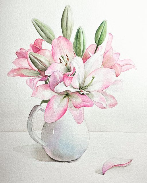 a watercolor painting of pink flowers in a white vase