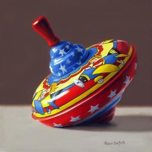 an artistic painting of a toy spinning on top of it's base with red, white and blue stars