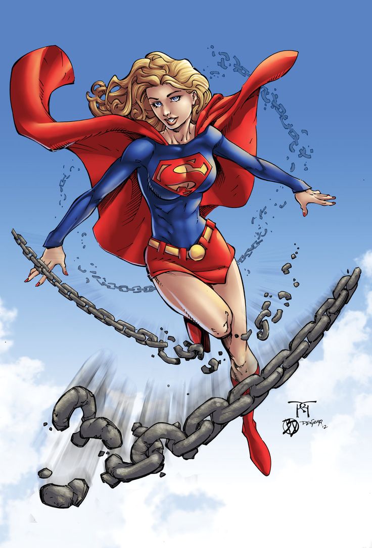 a woman flying through the air while wearing a red cape and blue shirt with chains around her