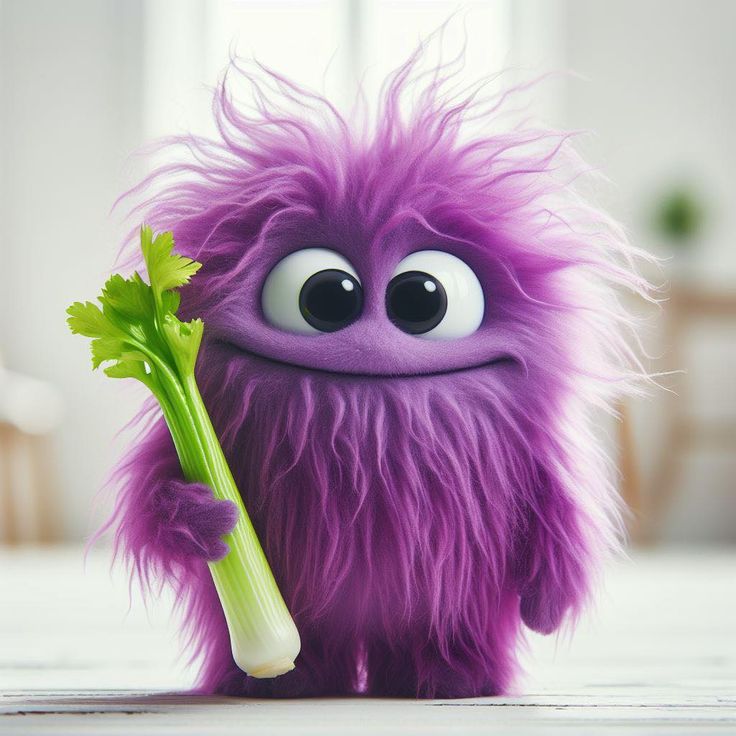 a close up of a stuffed animal holding a celery stalk