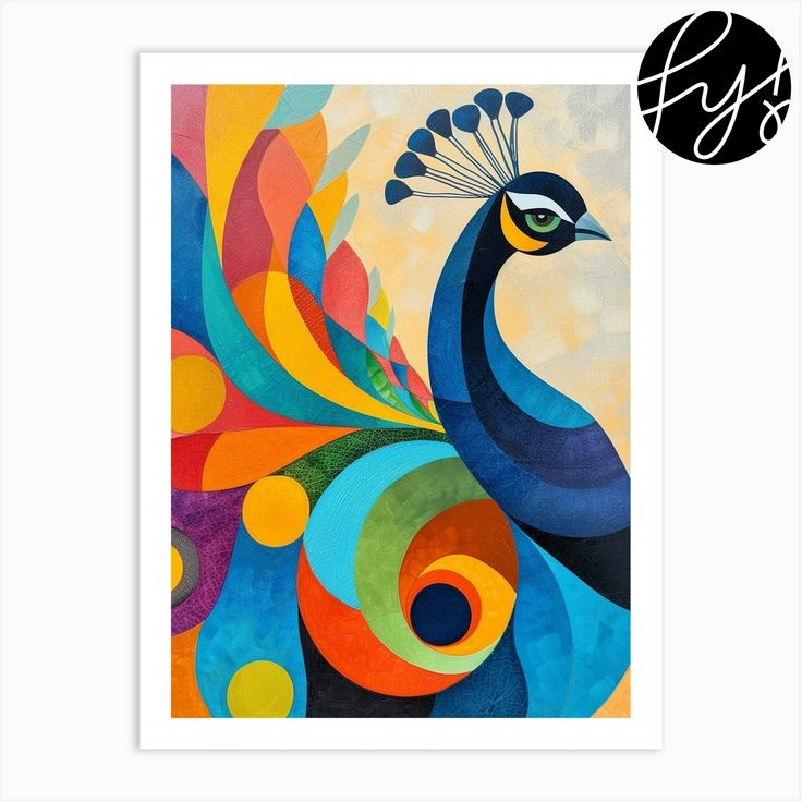 an art print with a colorful peacock on it