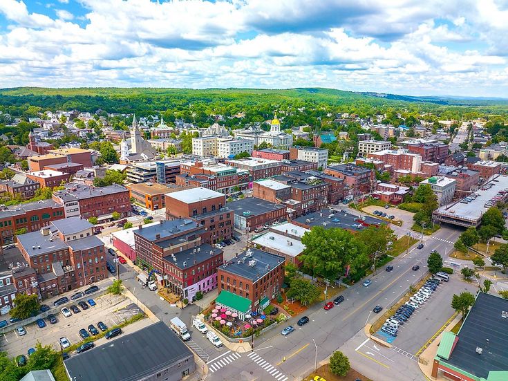 an aerial view of a city with lots of tall buildings and green trees in the background