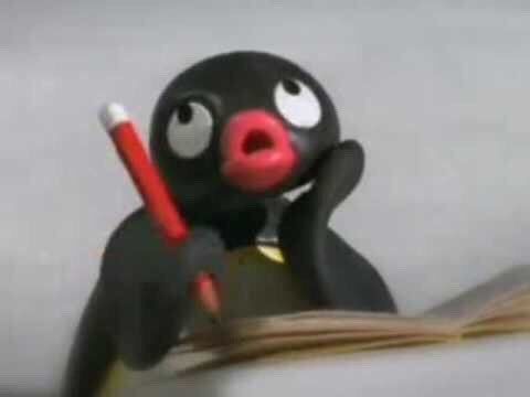 a cartoon penguin holding a pencil and looking at the camera with an open book in front of him