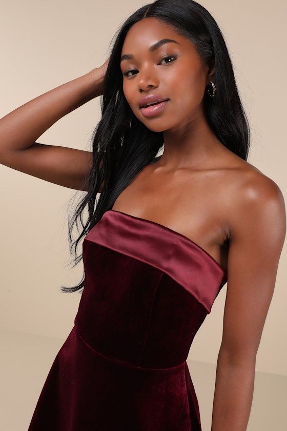 Tell me you're the perfect party invite without telling me in the Lulus Captivating Admiration Burgundy Velvet Strapless Mini Dress! Plush velvet shapes this extra-sweet dress that features a straight neckline, with hidden no-slip strips and a satin fold-over detail, that tops a strapless, princess-seamed bodice. High, fitted waist sits atop a lightly structured skater skirt that falls to a cute mini hem. Hidden back zipper/clasp. Fit: This garment fits true to size. Length: Mid-thigh. Size medi Mini Dress Velvet, Dress Velvet, Burgundy Velvet, Straight Neckline, Burgundy Dress, Strapless Mini Dress, Sweet Dress, Party Invite, Perfect Party