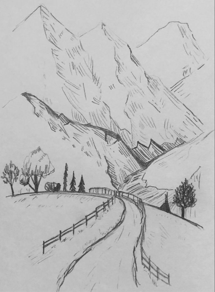 a pencil drawing of a mountain road