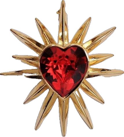 a heart shaped brooch with spikes and a red stone in the center, on a white background