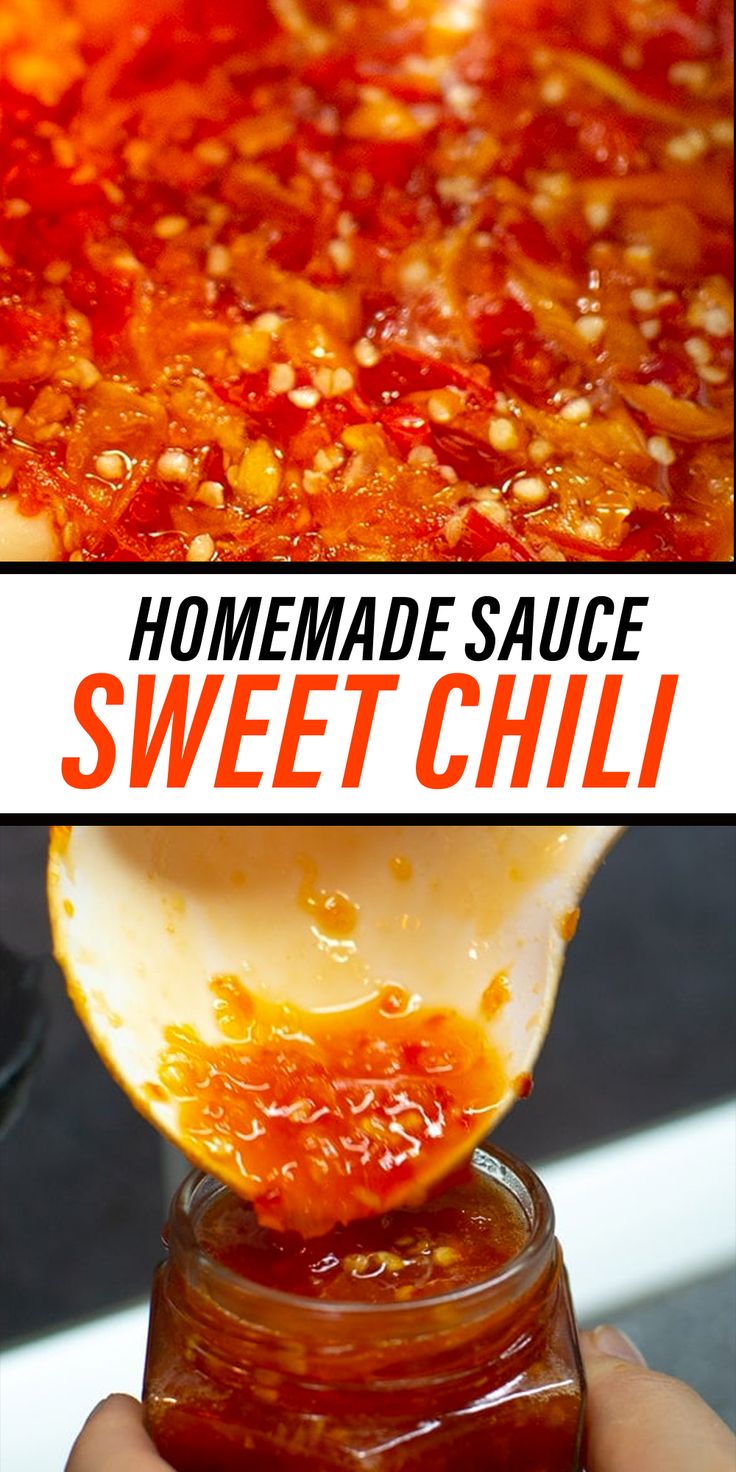 homemade sauce for sweet chili is in a jar and on top of a pizza crust