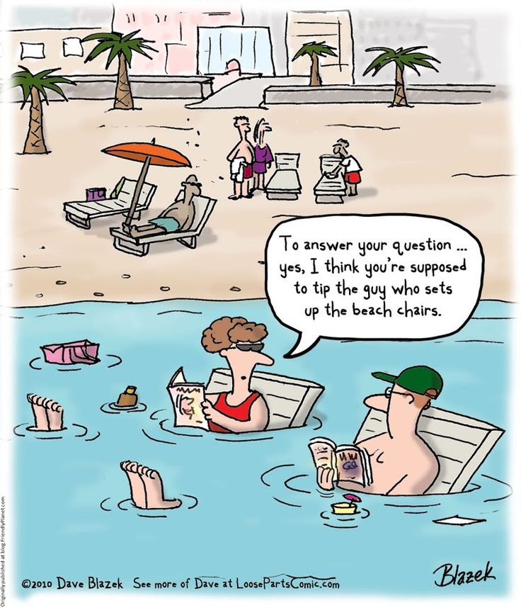 a cartoon depicting people sitting in the water on beach chairs and talking to each other