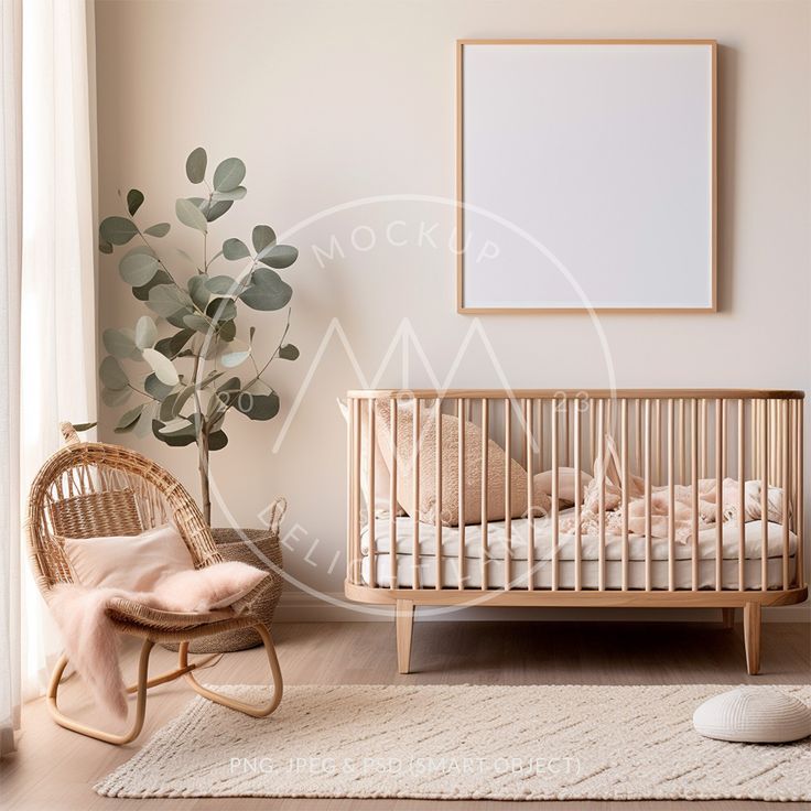 a baby's room with a crib, rocking chair and potted plant