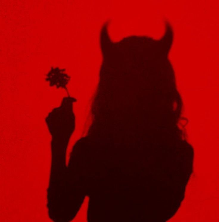 the shadow of a woman holding a flower in front of a red wall with a devil's head on it