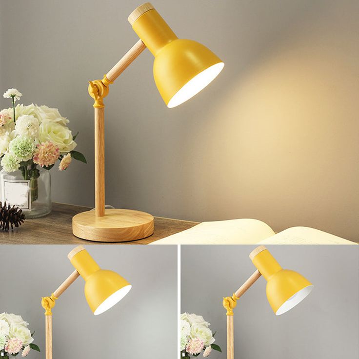 three different views of a desk lamp with flowers in the vase and on the table