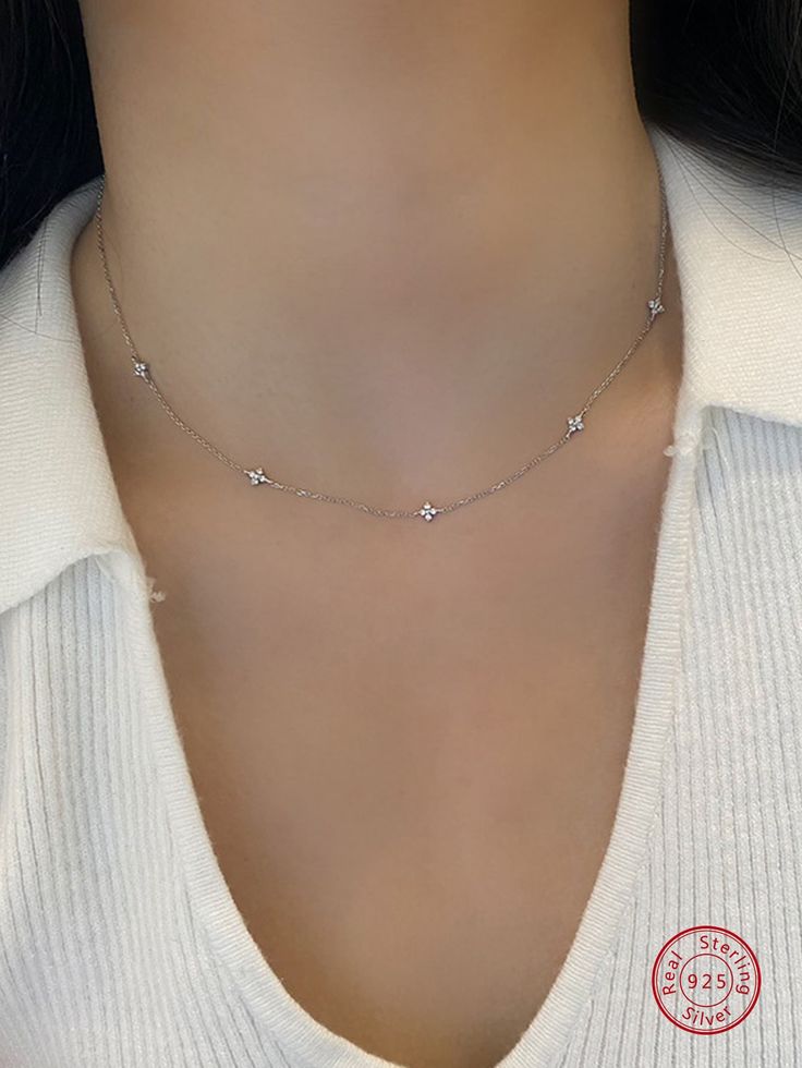 Silver  Collar  925 Sterling Silver   Embellished   Fine Jewelry Silver Necklaces Classy, Silver Jewelry Set Simple, Necklaces Silver Aesthetic, Silver Chains For Women Neck, Dainty Silver Jewelry Aesthetic, Silver Accessories Aesthetic, Colares Aesthetic, Silver Chains For Women, Silver Chain Design