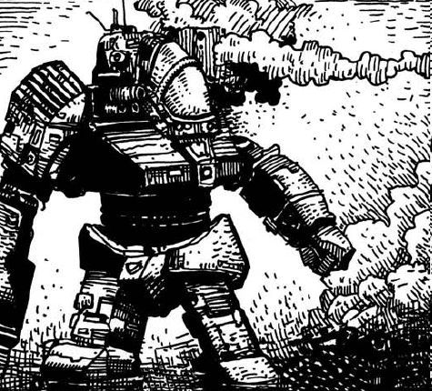 a black and white drawing of a giant robot standing in the middle of a field