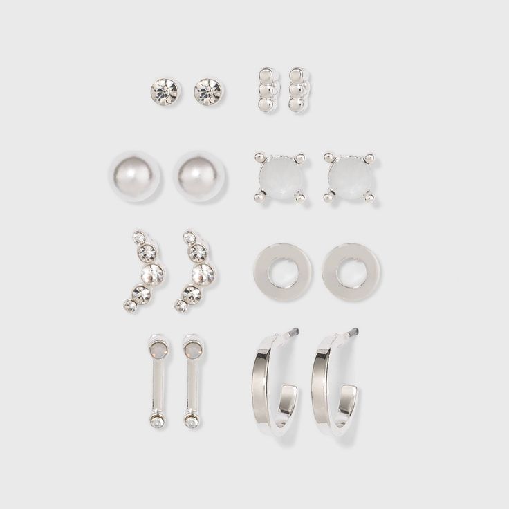 Zinc Stud Earring Set 8pc- A New Day Silver, Women's, MultiColored Silver Earrings Pack, Earrings Pack, Earring Sets, Nickel Free Earrings, Butterfly Earrings Stud, Bar Studs, Opal Earrings Stud, Ear Cuff Earings, Opal Studs