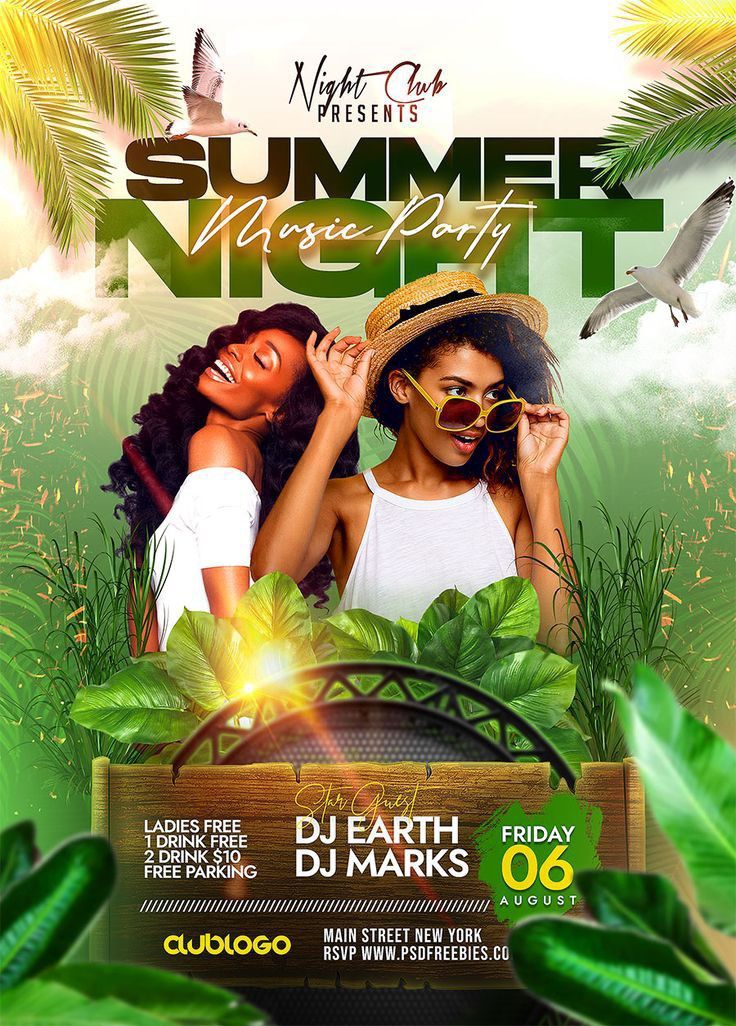 a flyer for a summer night party with two women