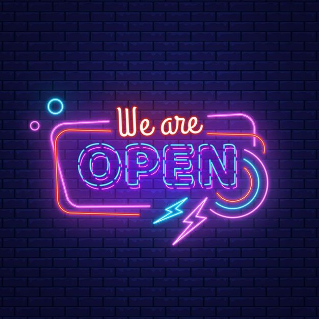 we are open neon sign with lightning on brick wall background, advertising poster or banner