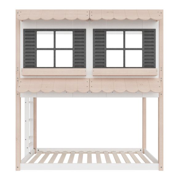 a wooden bunk bed with two windows and shutters on the top, against a white background