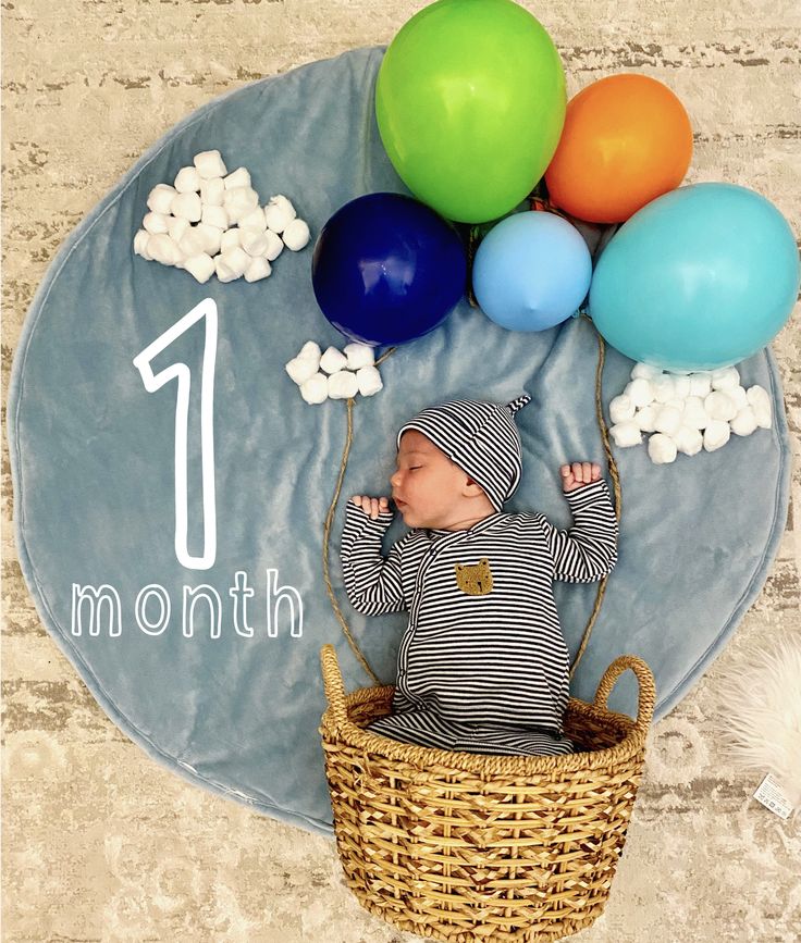 a baby is sitting in a basket with balloons