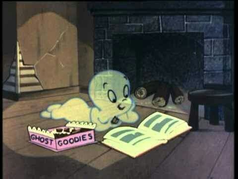 an animated ghost reading a book in front of a fireplace