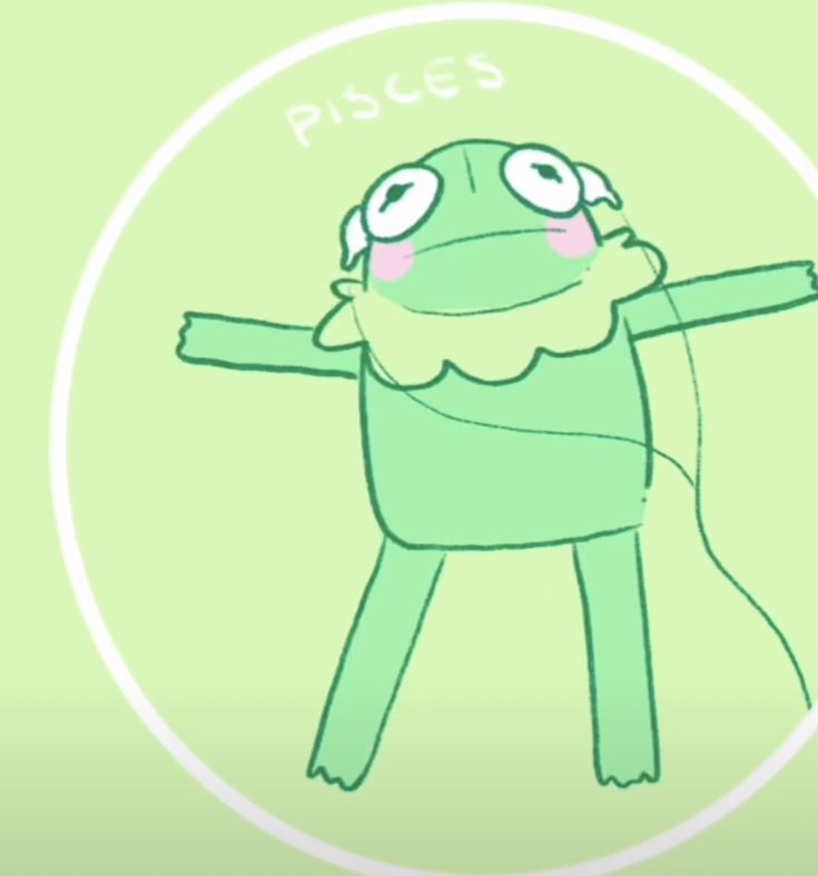 a green cartoon character is holding his arms out with the words piscs on it