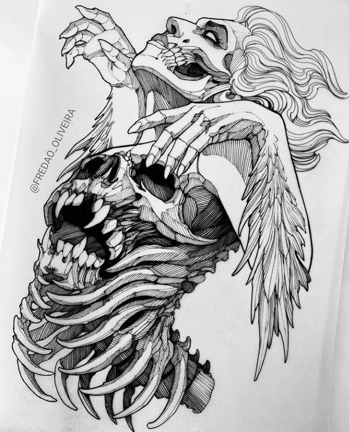 a drawing of a skeleton with an eagle on it's back and wings flying