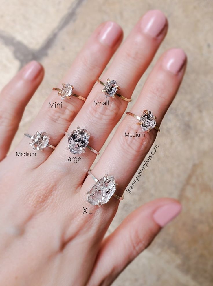 a woman's hand with five different rings on it and the names of each ring