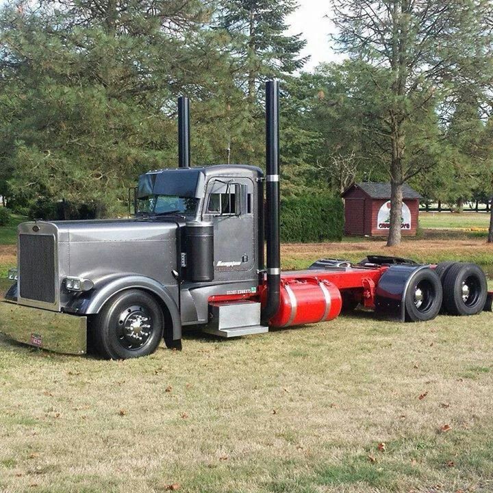 a large semi truck parked on top of a grass covered field with trees in the background