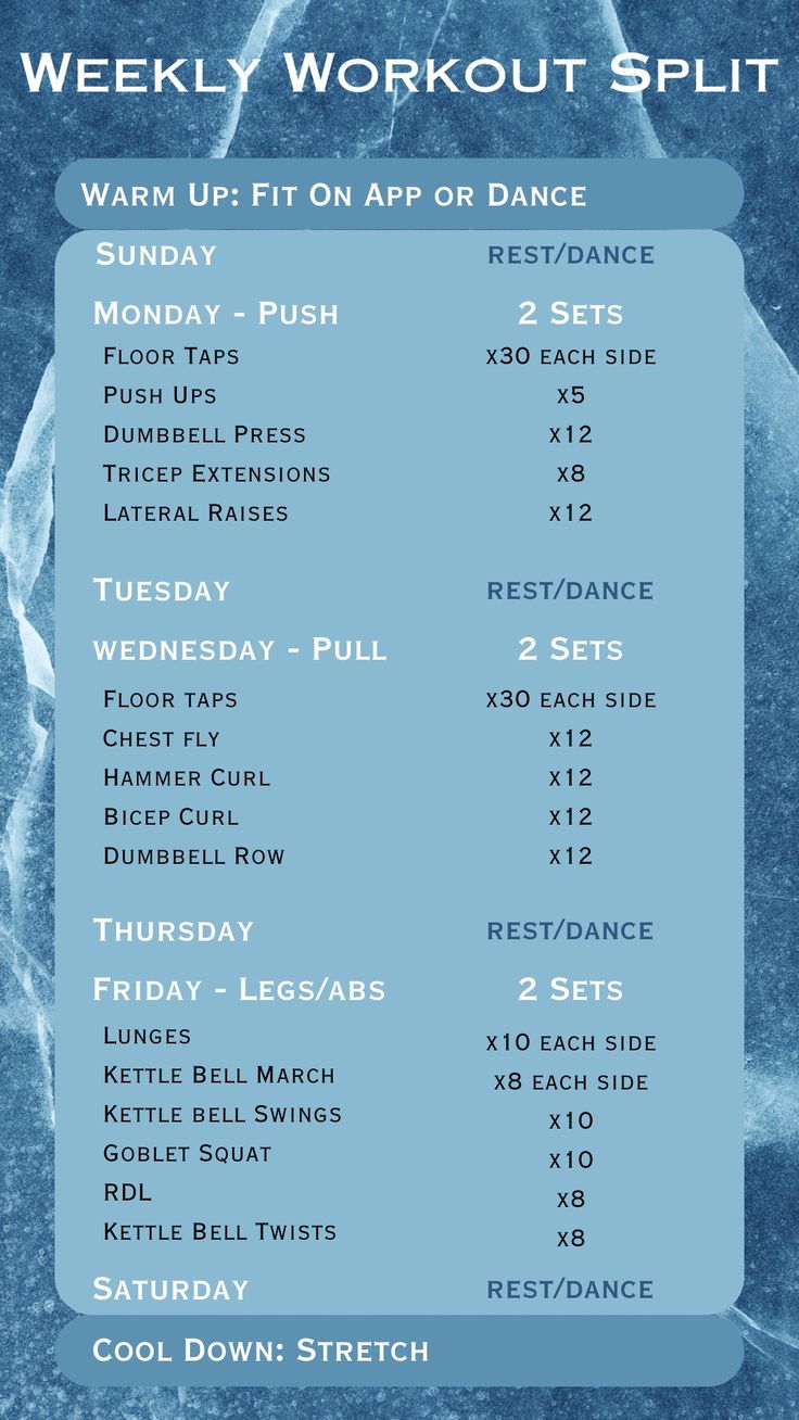 the weekly workout plan is shown in blue and white, with an image of ice on it