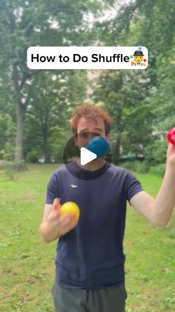 a man holding two balls in his hands and an object with the words how to do shuffle on it