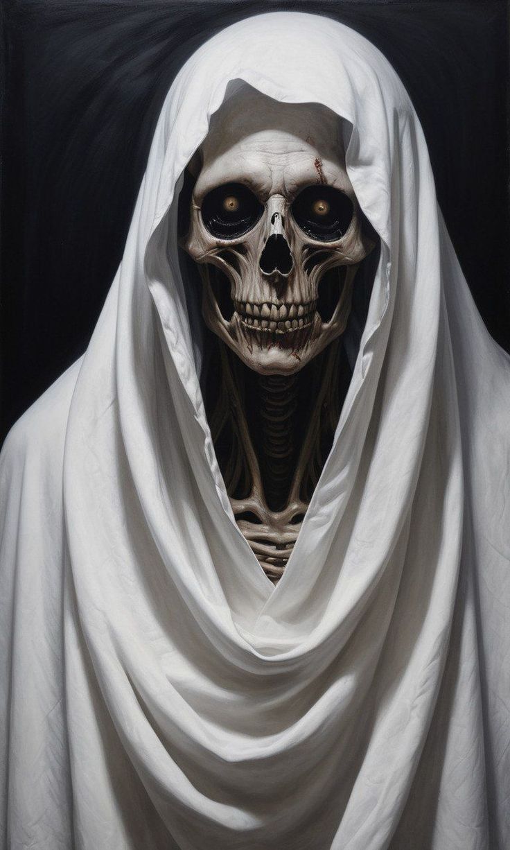 a painting of a skeleton wrapped in a white cloth with eyes and mouth open,