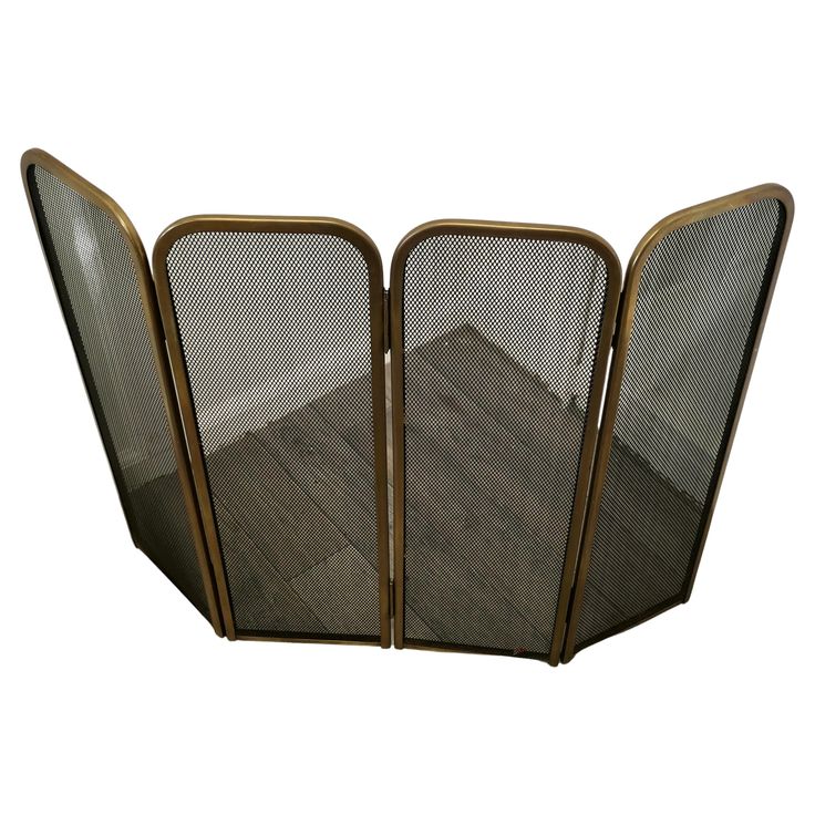 three folding screen with wood flooring and metal mesh panels on the sides, set against a white background