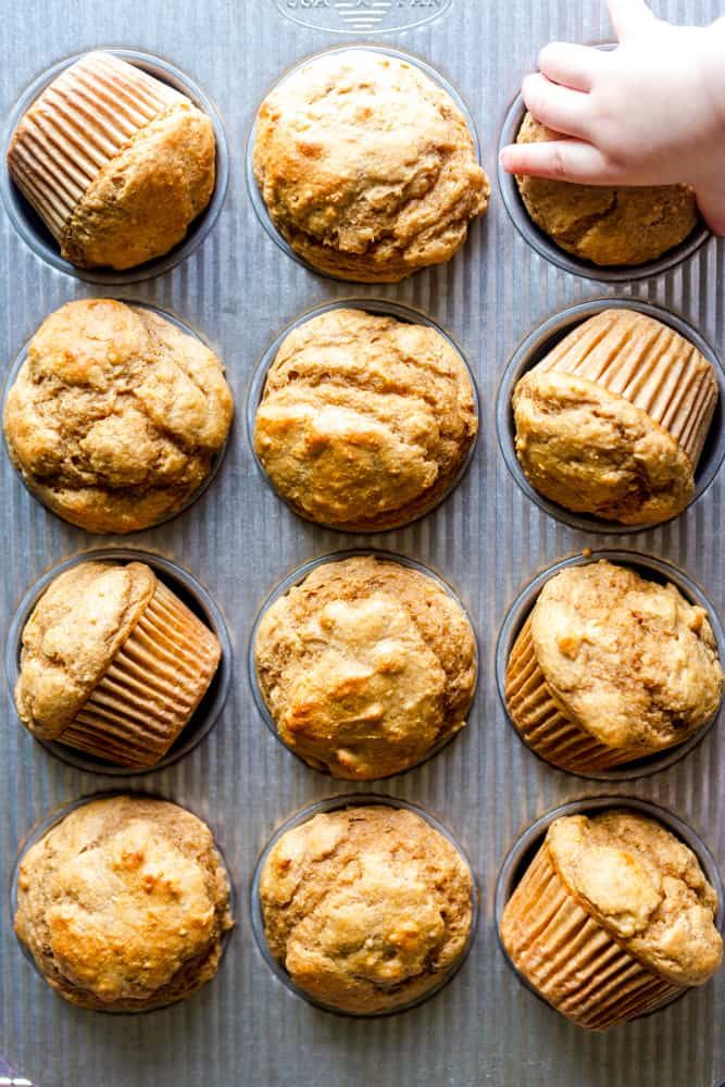 freshly baked muffins sitting on top of a baking tray with one hand reaching for the muffin