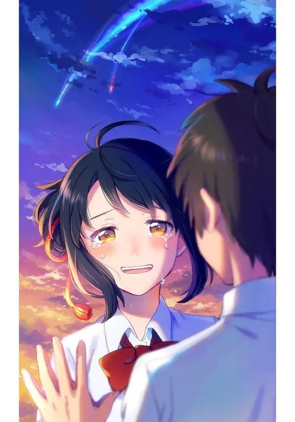 an anime scene with two people facing each other and the sky in the back ground