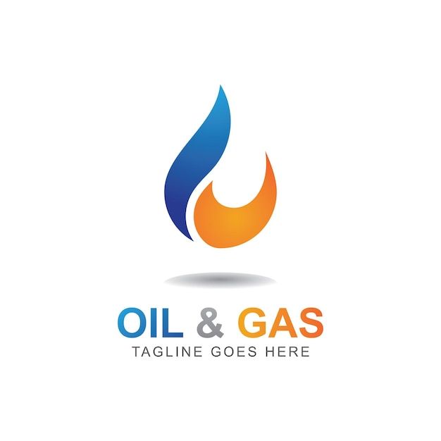 oil and gas logo design with blue, orange and red flames on white background illustration