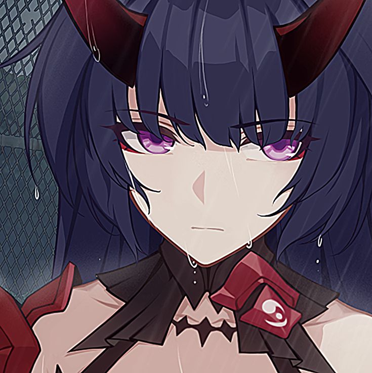 an anime character with horns on her head and purple hair is staring at the camera