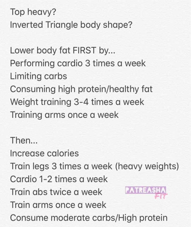 an exercise plan with the words, top heavy? inverted triangle body shape? lower body first by performing cardio 3 times a week