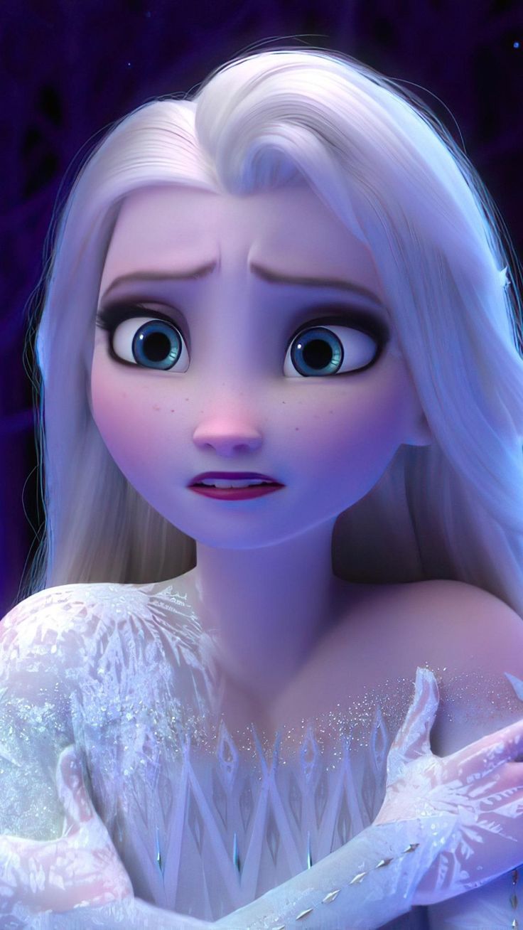 an animated frozen princess with big blue eyes and long white hair, wearing a white dress