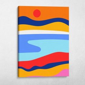 a colorful abstract painting on a wall with the sun in the sky and water behind it