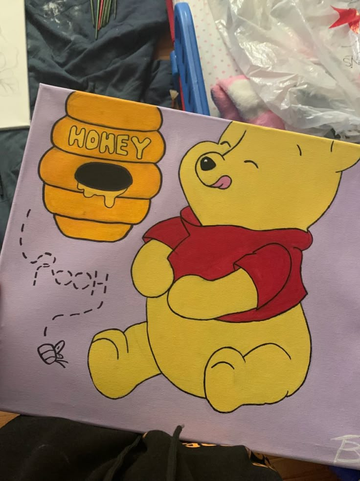 Canvas Art Designs Disney Character Canvas Painting, Disney Easy Paintings Canvases, Cartoon Art Painting Easy Cute, Things To Paint Or Draw, Super Simple Paintings, Winnie The Pooh Easy Painting, Canvas Painting Ideas Characters, Winnie Pooh Painting, 2 Canvas Painting Ideas Easy