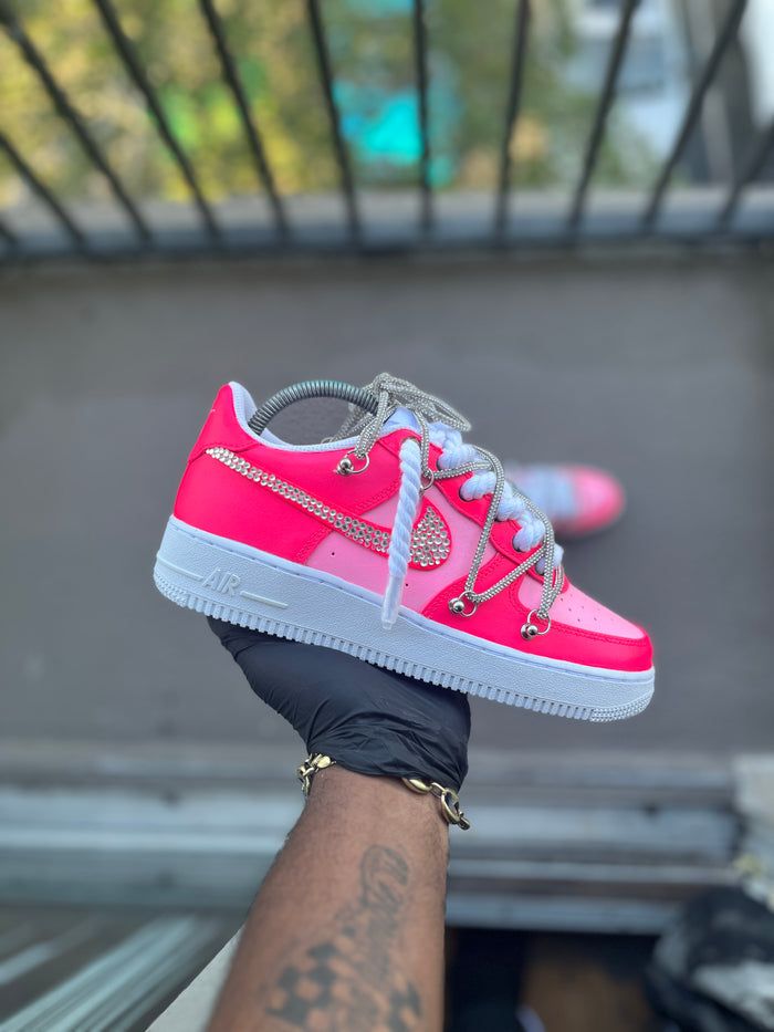 Pink Customized Air Force 1, Air Forces Colored, Cute Jordans For Women Pink, Pink Air Force 1 Custom, Custom Nike Womens Shoes, Baddie Shoes Sneakers Nike, Pink Rope Laces Af1, Nike Air Tennis Shoes, Fuschia Sneakers Outfit