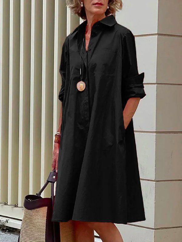 Simple Long Sleeves Solid Color Lapel Midi Dress Dress Sleeve Length, Collared Shirt Dress, Long Sleeve Print Dress, Autumn Dress, Vestidos Vintage, Shirt Dress Casual, Loose Outfit, Loose Style, Turndown Collar