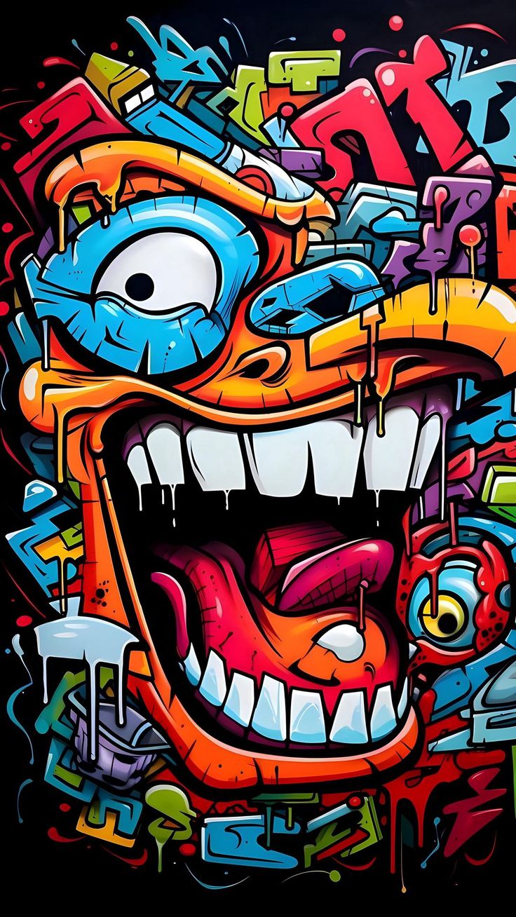 an image of graffiti art on the side of a building in orange and blue colors