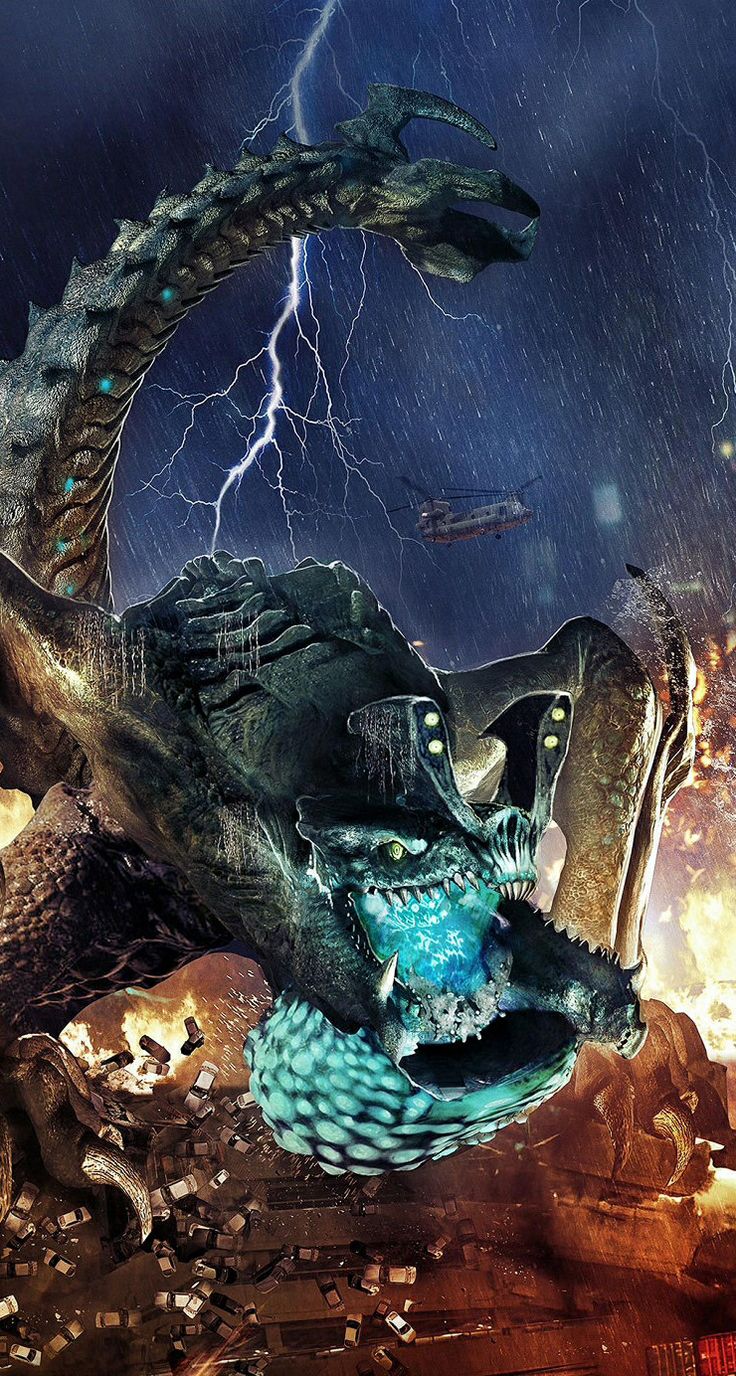 an image of a giant monster attacking another creature in the rain with lightning behind it